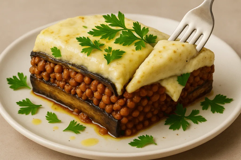 Hands spreading lentils cashew bechamel over moussaka with visible ingredients in kitchen