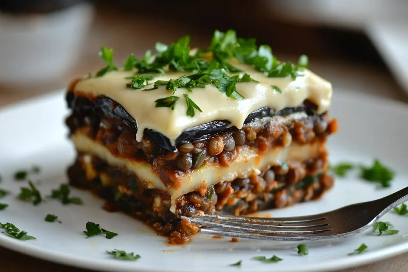 Full vegan moussaka in rustic baking dish with golden cashew bechamel and herbs