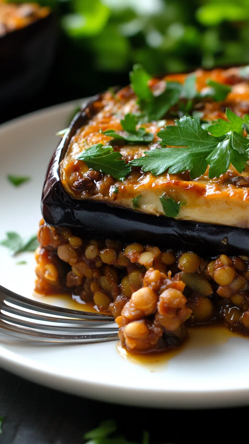 Plated vegan moussaka slice with fork cut