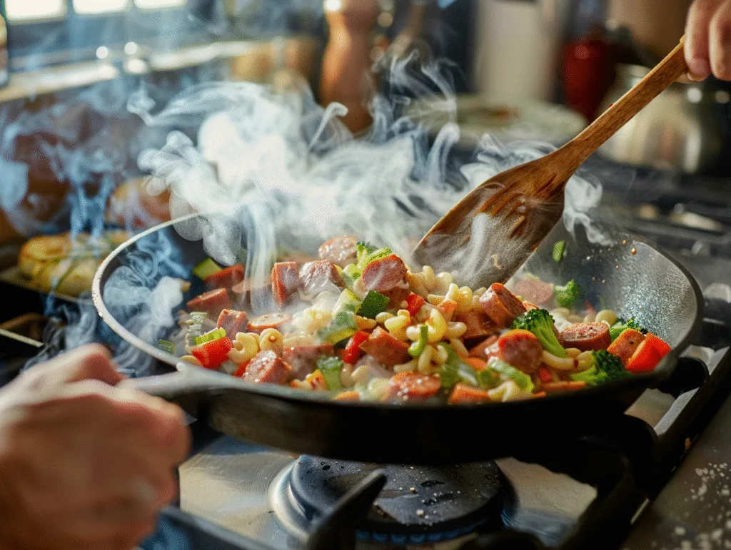 Cheesy Kielbasa Noodle Skillet