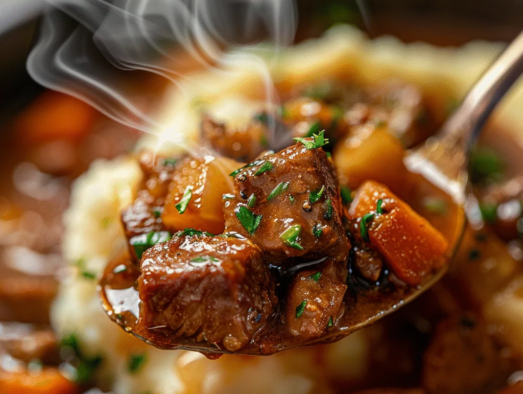 Fall Apple Cider Stew over Mashed Potatoes