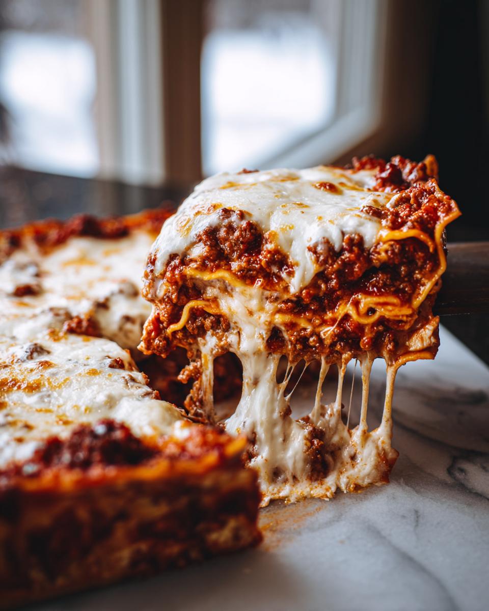 A slice of cheesy 3-cheese lasagna recipe being lifted, with melted mozzarella strings stretching.