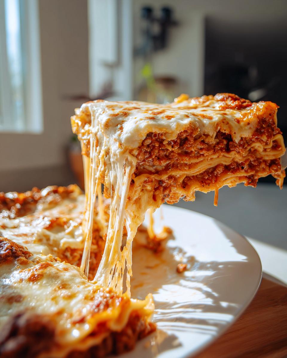 A mouthwatering slice of 3-cheese lasagna being lifted, with long strands of melted cheese stretching.