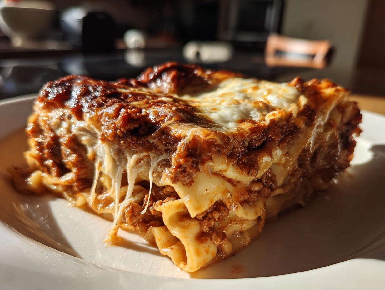 A mouthwatering slice of 3-cheese lasagna, showcasing layers of pasta, rich meat sauce, and melted cheese.