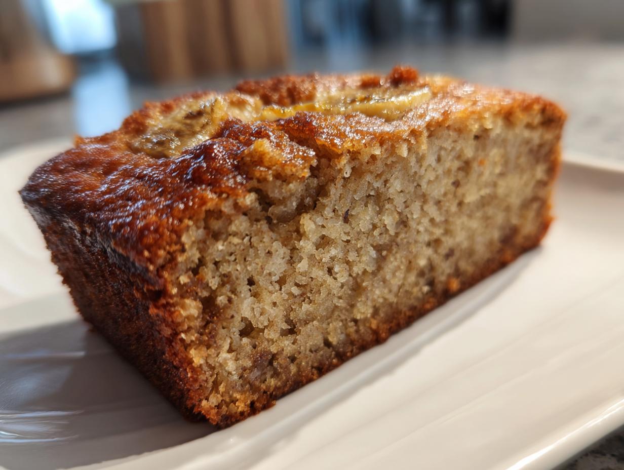 A close-up of a moist slice of 3-ingredient banana bread on a white plate.