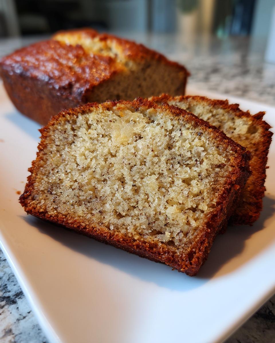 Close-up of moist 3-ingredient banana bread slices on a white plate, with a loaf in the background.