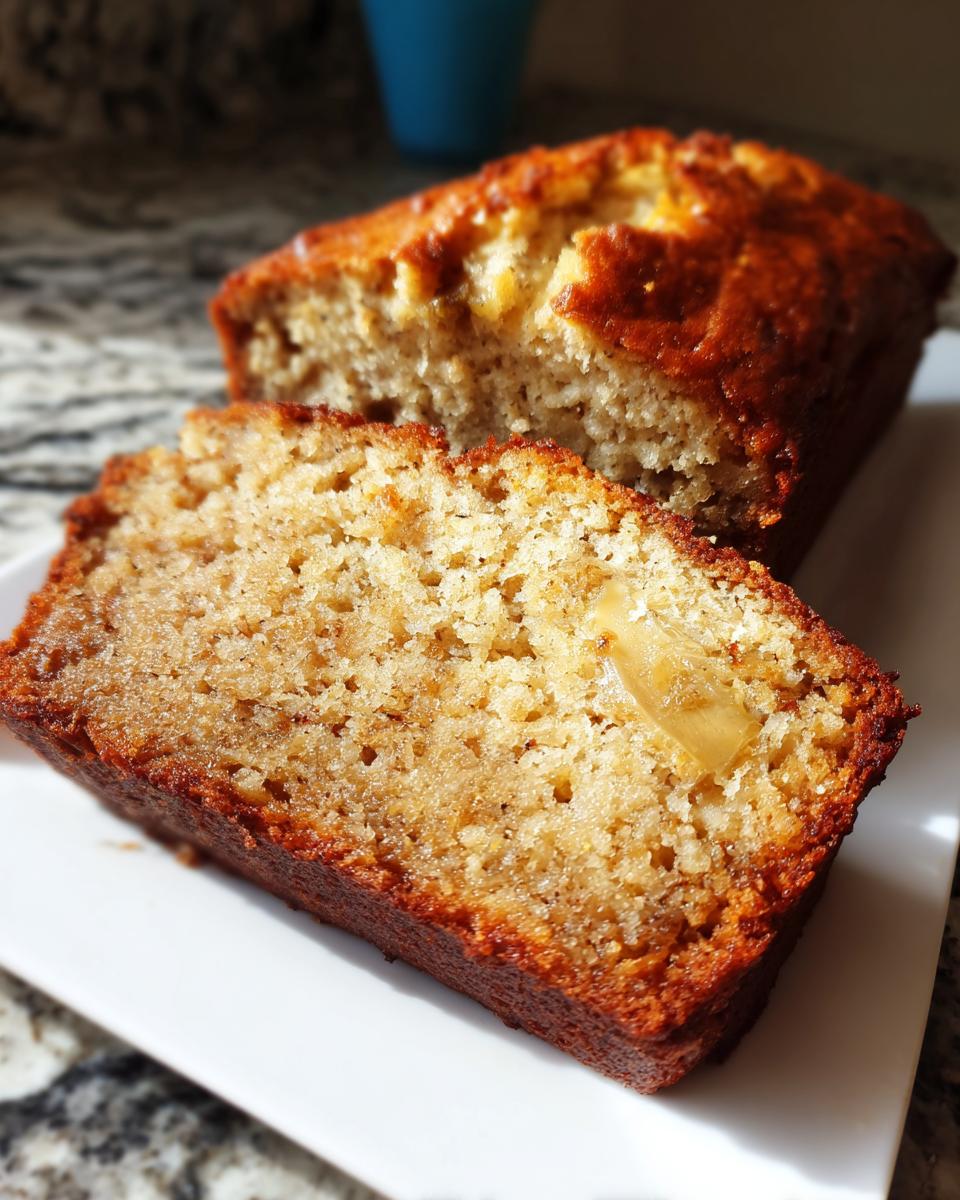A close-up of a moist slice of 3-ingredient banana bread, revealing a piece of banana inside.