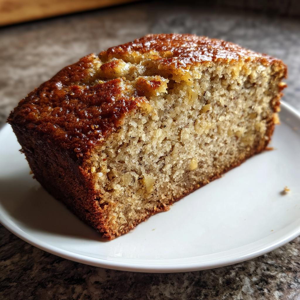 A close-up of a moist slice of 3-ingredient banana bread on a white plate.