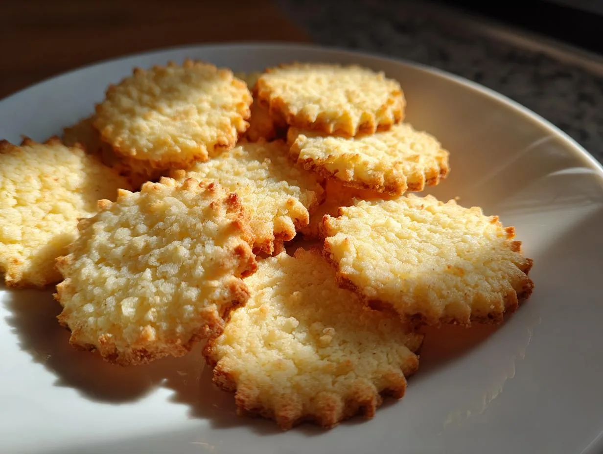 A pile of golden-brown 4-ingredient holiday shortbread cookies on a white plate, with sunlight casting shadows.
