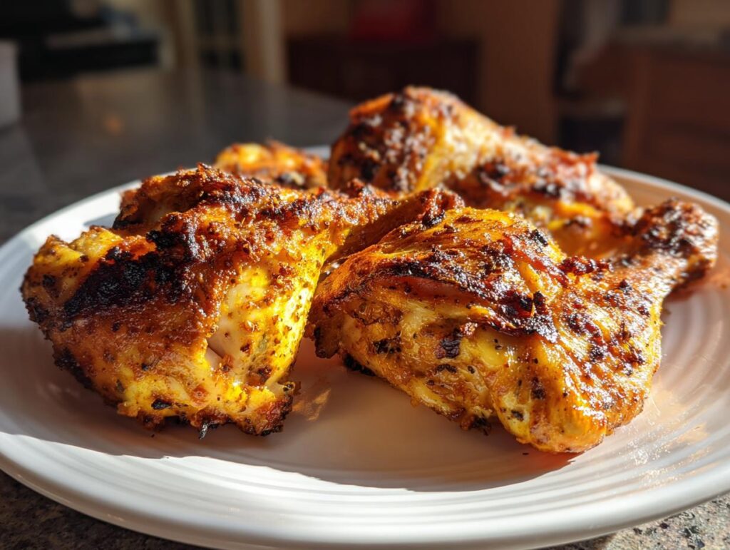 Close-up of perfectly cooked, golden-brown air fryer chicken drumsticks on a white plate.