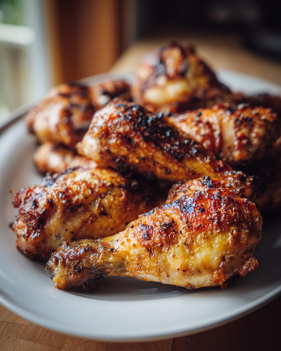 A close-up of a plate piled high with golden-brown, crispy air fryer chicken drumsticks.