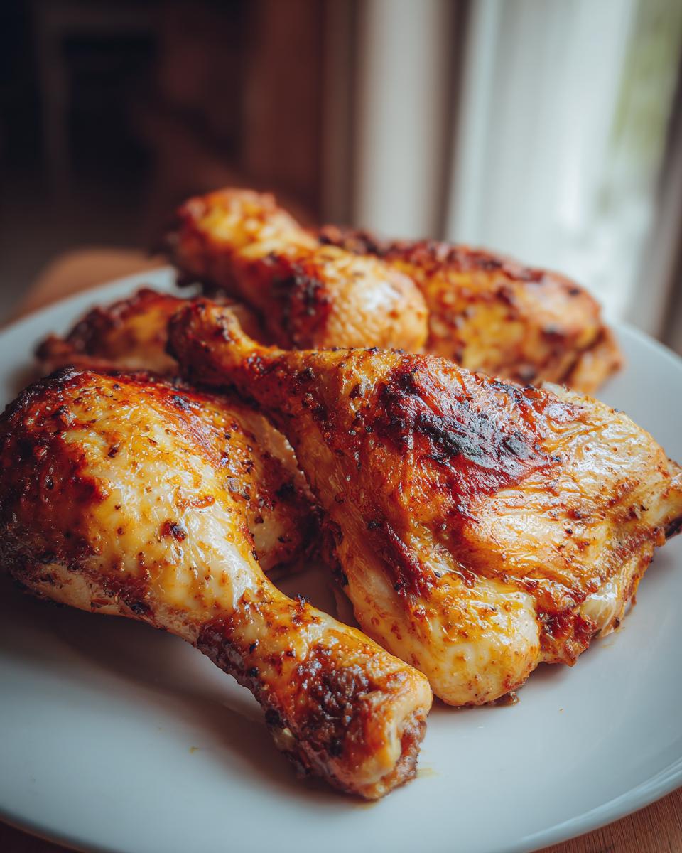 Close-up of perfectly cooked, golden-brown air fryer chicken legs and thighs on a white plate.