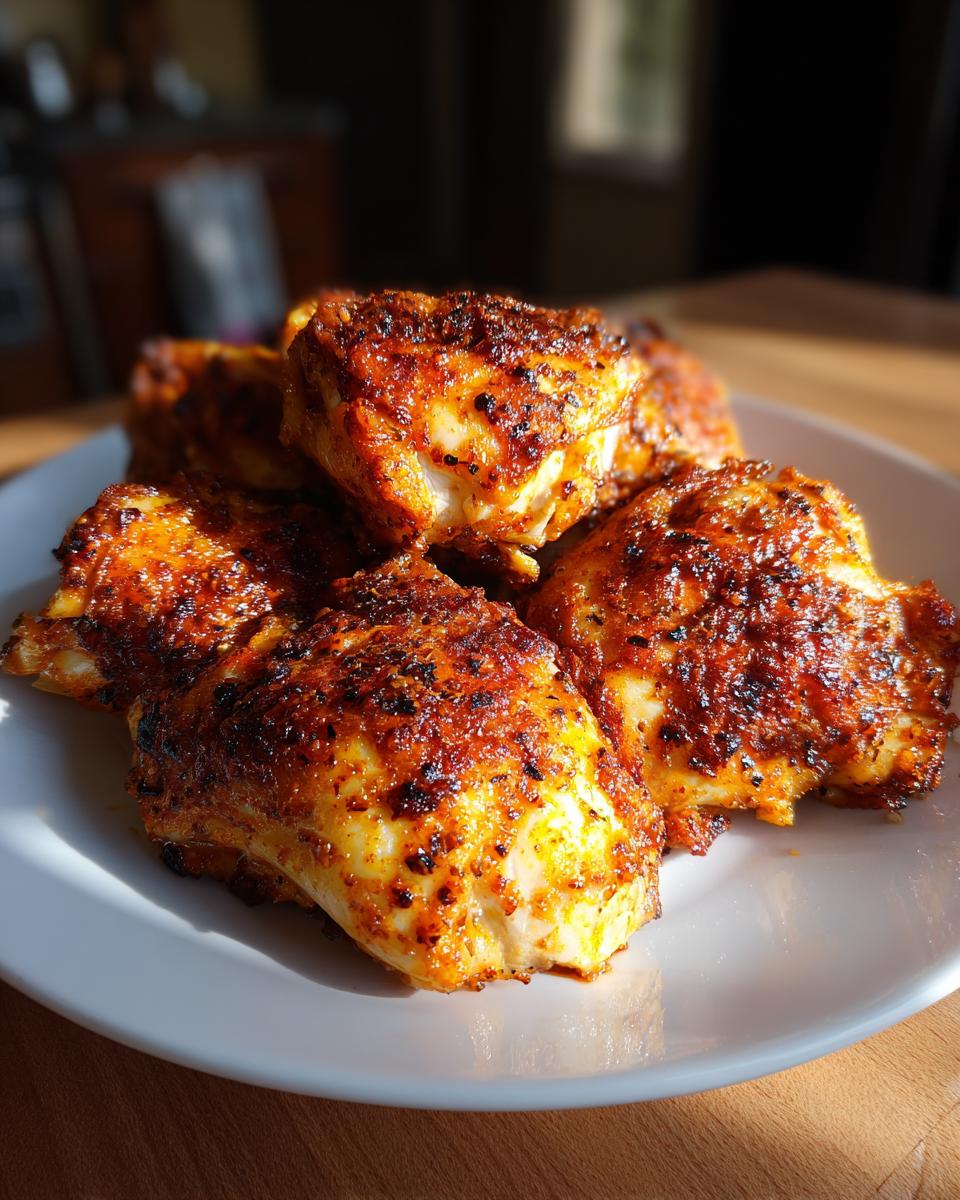 A plate of perfectly cooked, seasoned air fryer chicken pieces with a crispy, golden-brown exterior.