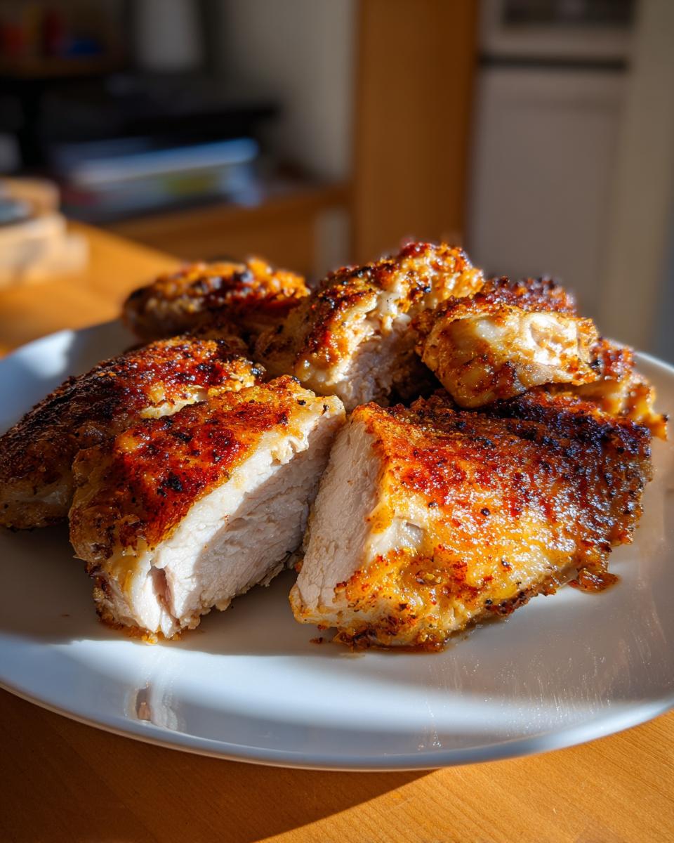 Close-up of perfectly cooked, juicy air fryer chicken pieces on a white plate.