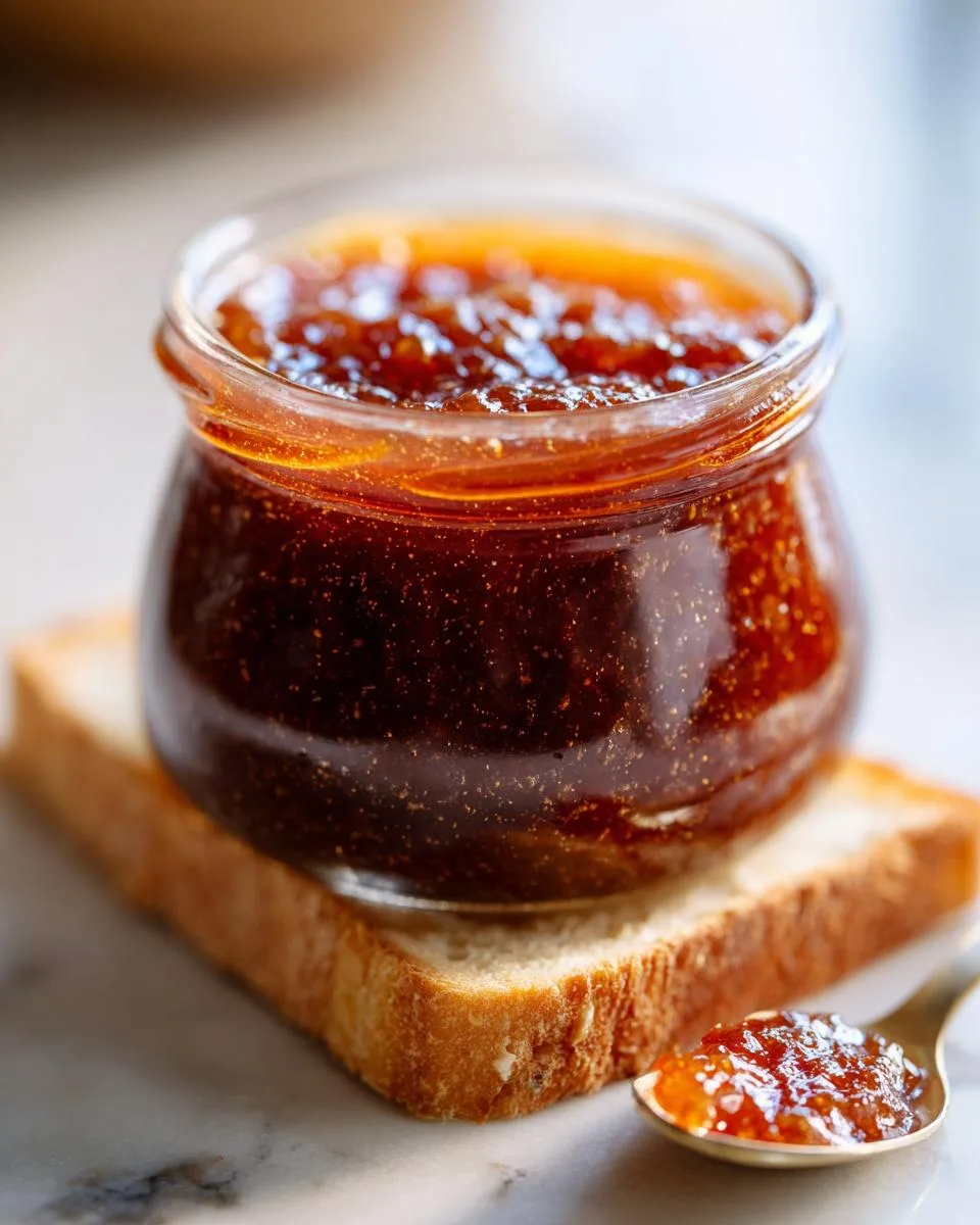 A small jar filled with rich, dark apple butter recipe spread on a slice of toast, with a spoonful of apple butter.