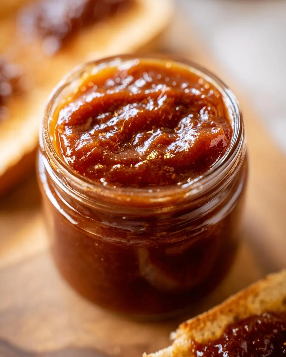 Close-up of a glass jar filled with rich, dark apple butter recipe, with toast spread with apple butter in the foreground.