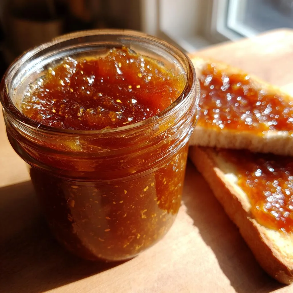 Close-up of a jar filled with rich, dark apple butter recipe spread on toast.