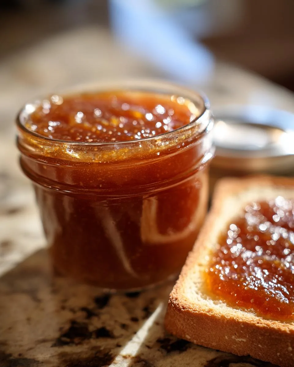 A slice of toast spread with homemade apple butter next to a jar of apple butter.