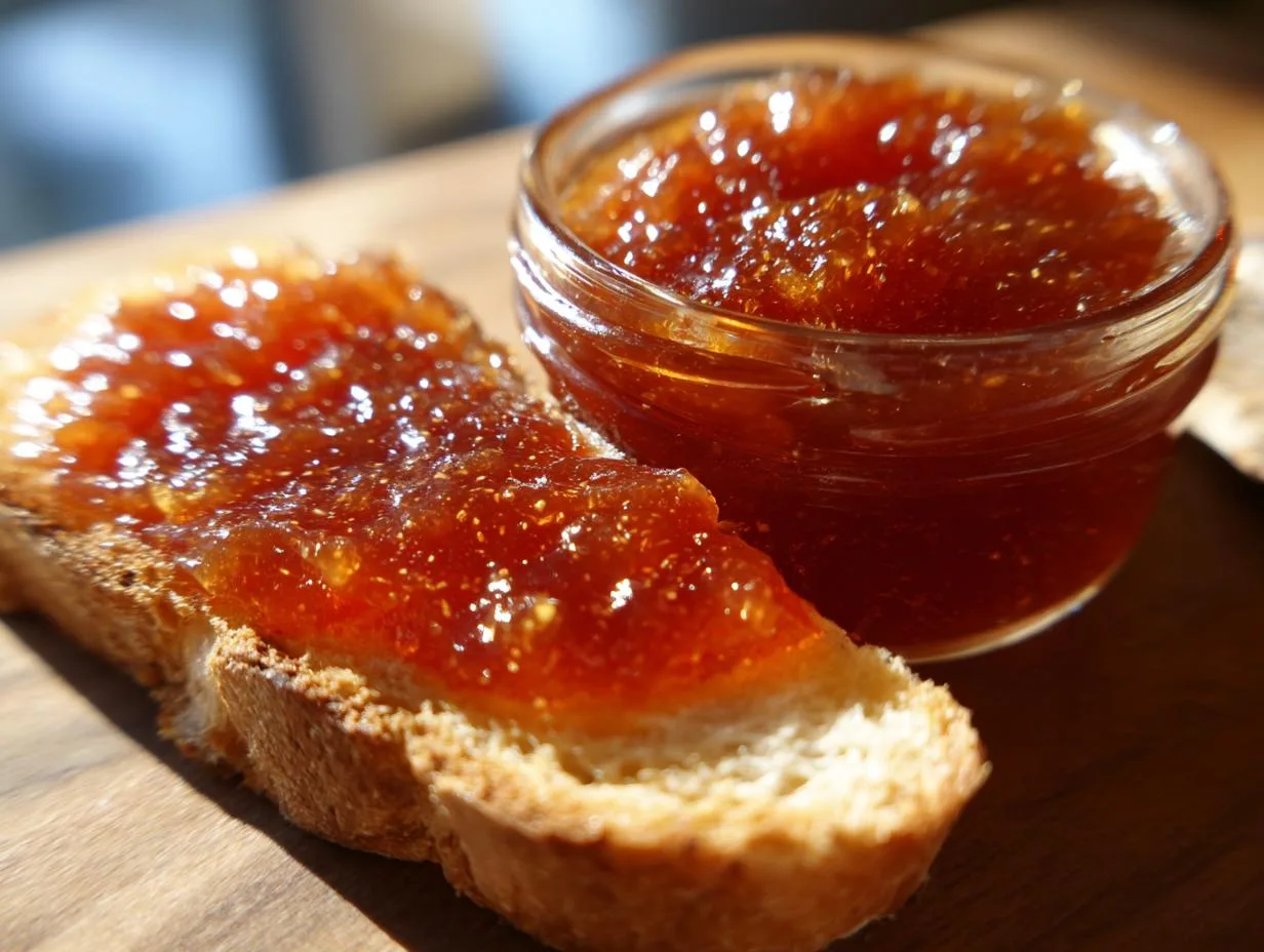 A slice of toast generously spread with glistening homemade apple butter recipe, next to a small jar of the same preserve.