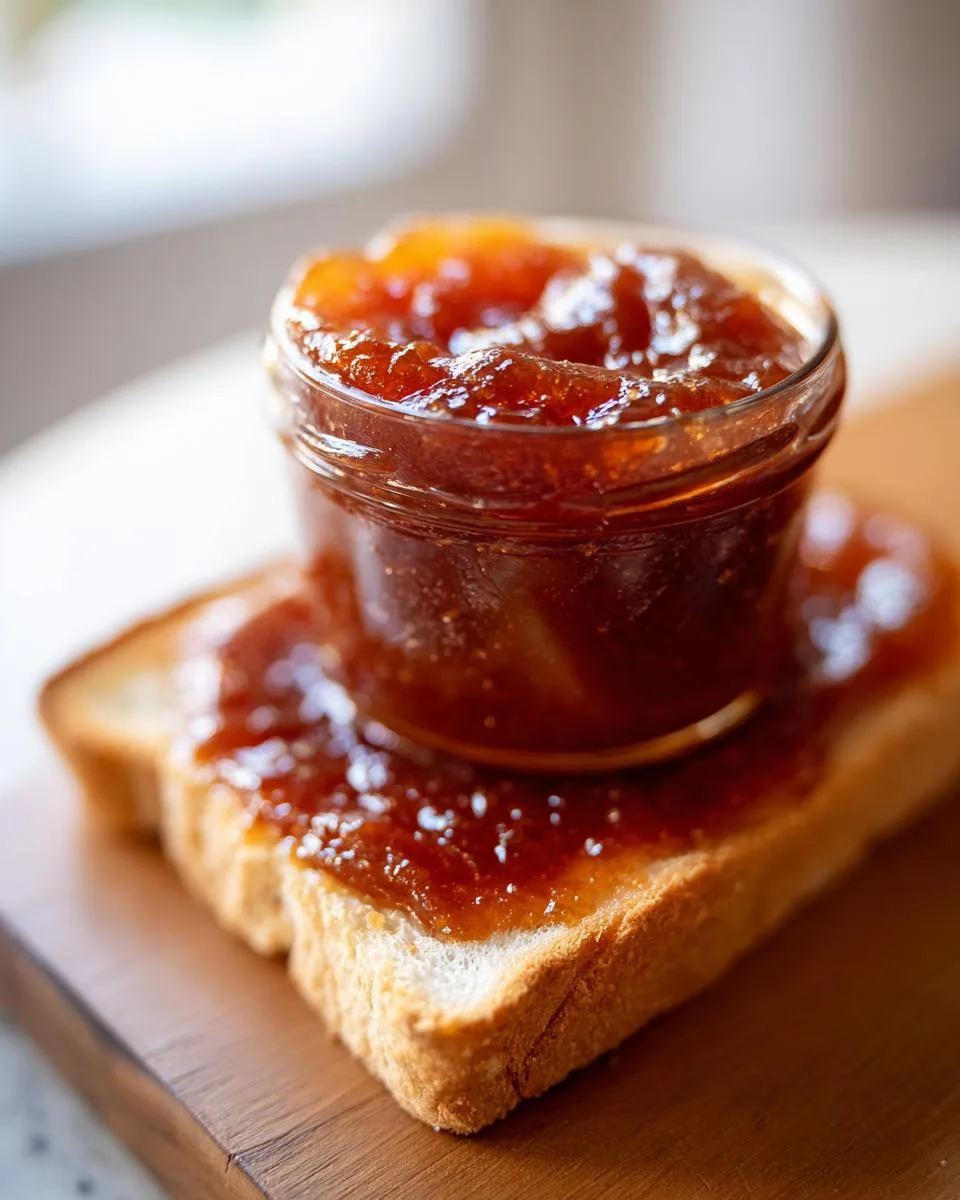 A slice of toasted bread generously spread with homemade apple butter recipe.