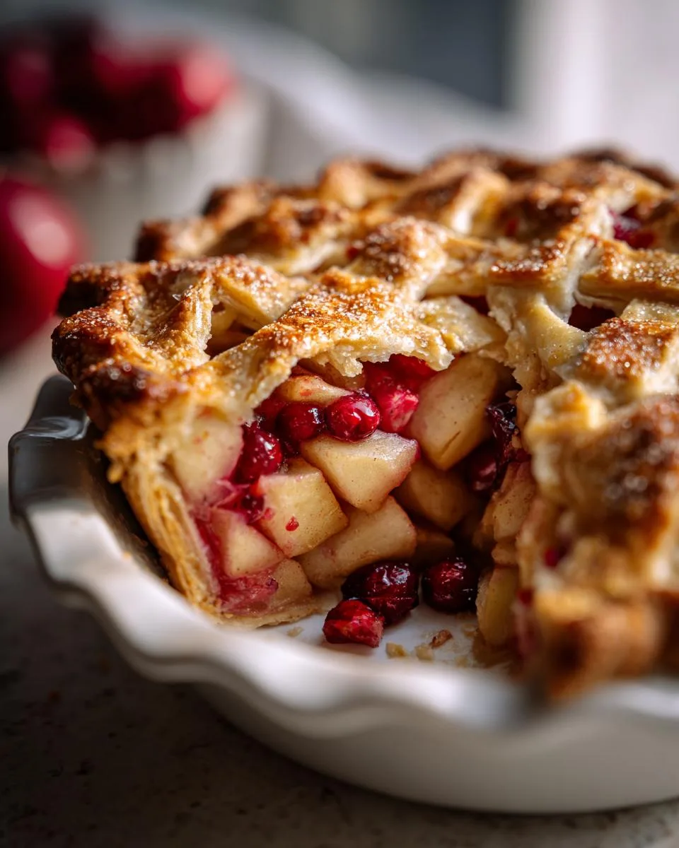 Close-up of a slice of apple cranberry pie showing chunks of apple and whole cranberries in a flaky crust.