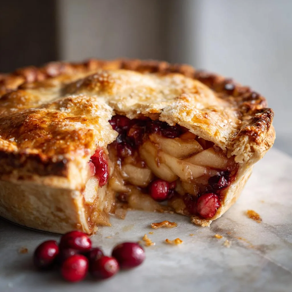 A slice of homemade apple cranberry pie with a golden crust, revealing layers of tender apples and tart cranberries.