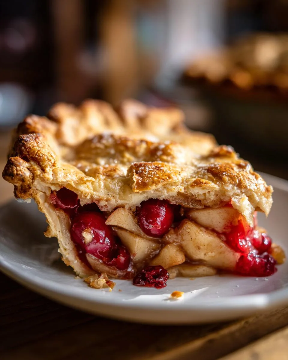 A close-up of a slice of apple cranberry pie, showing the flaky crust and juicy filling with whole cranberries and apple chunks.