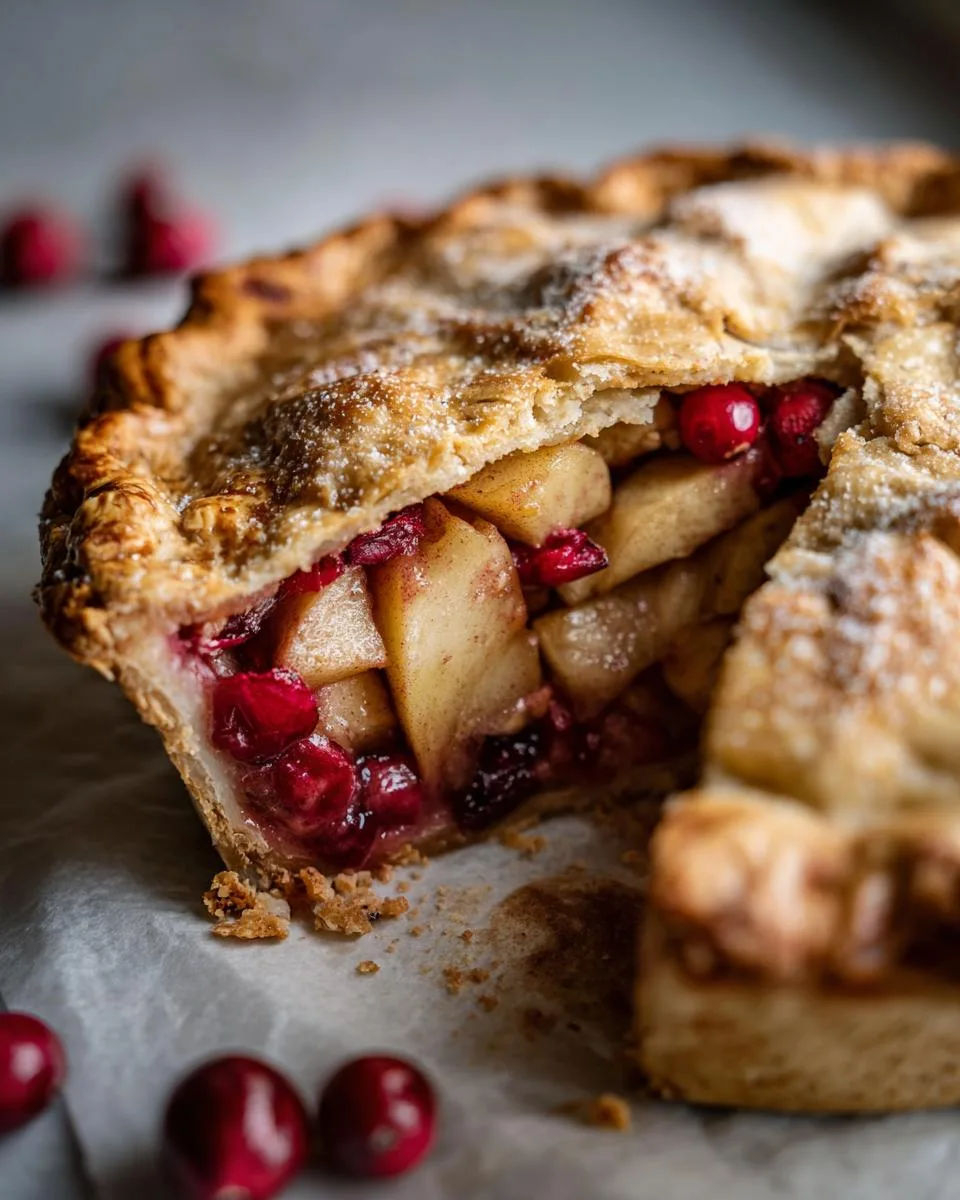 A close-up view of a slice of apple cranberry pie, revealing a filling of cooked apples and whole cranberries, with fresh cranberries scattered around.