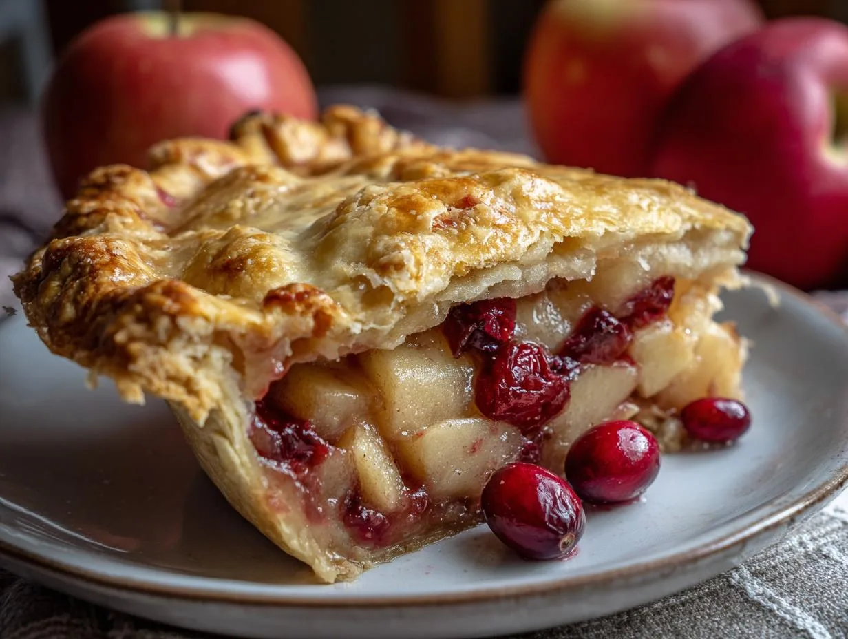 A close-up of a slice of apple cranberry pie, showcasing the flaky crust, tender apples, and tart cranberries, with fresh cranberries on the side.