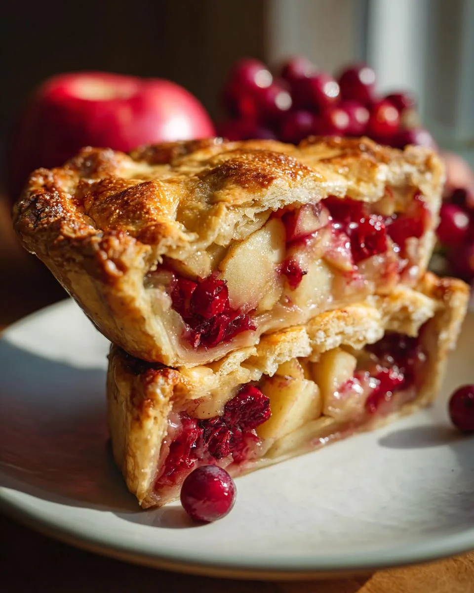 Close-up of two slices of apple cranberry pie stacked on a plate, showing the flaky crust and fruit filling.