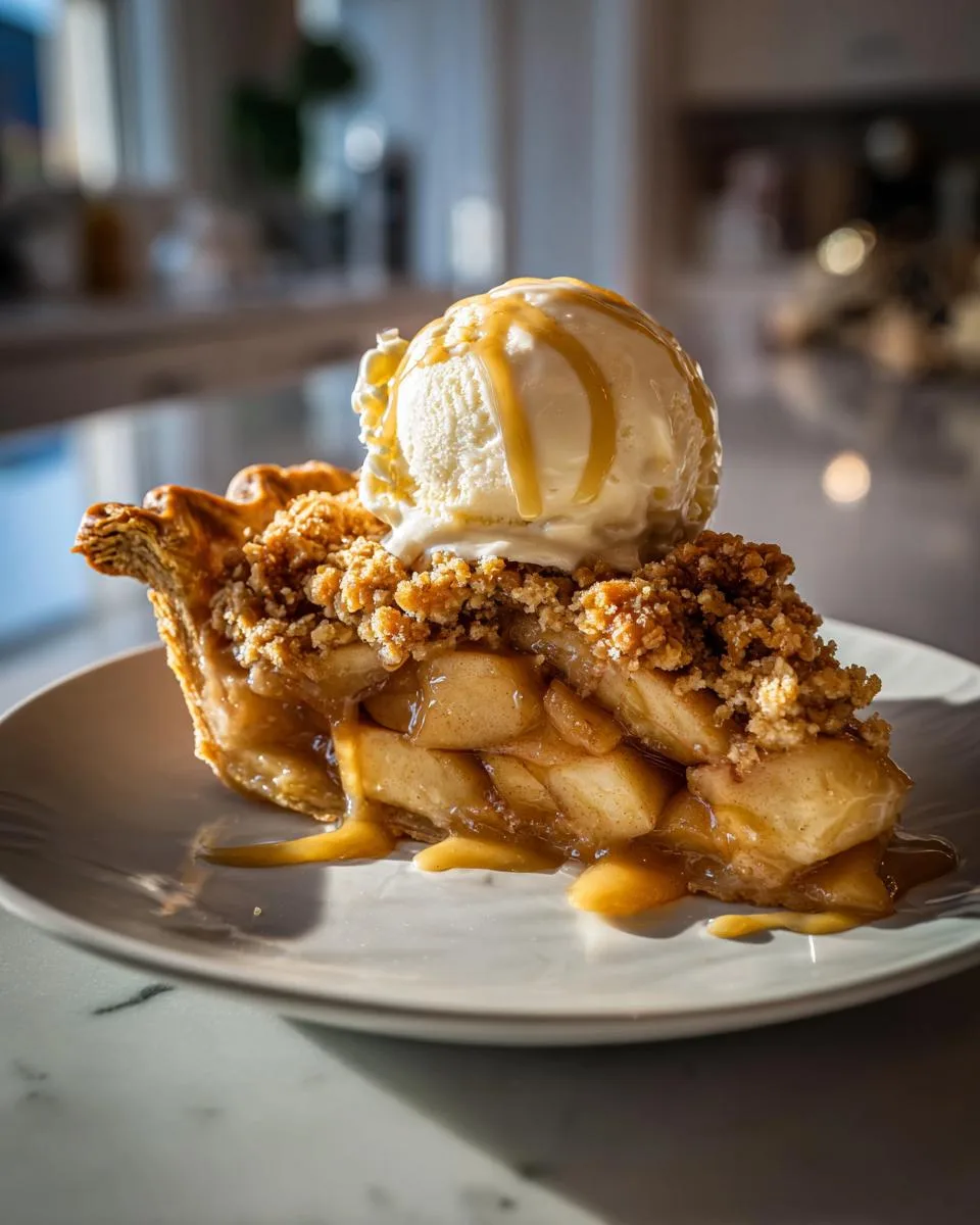 A delicious slice of apple pie with crumble topping, served with a scoop of vanilla ice cream and drizzled with caramel.
