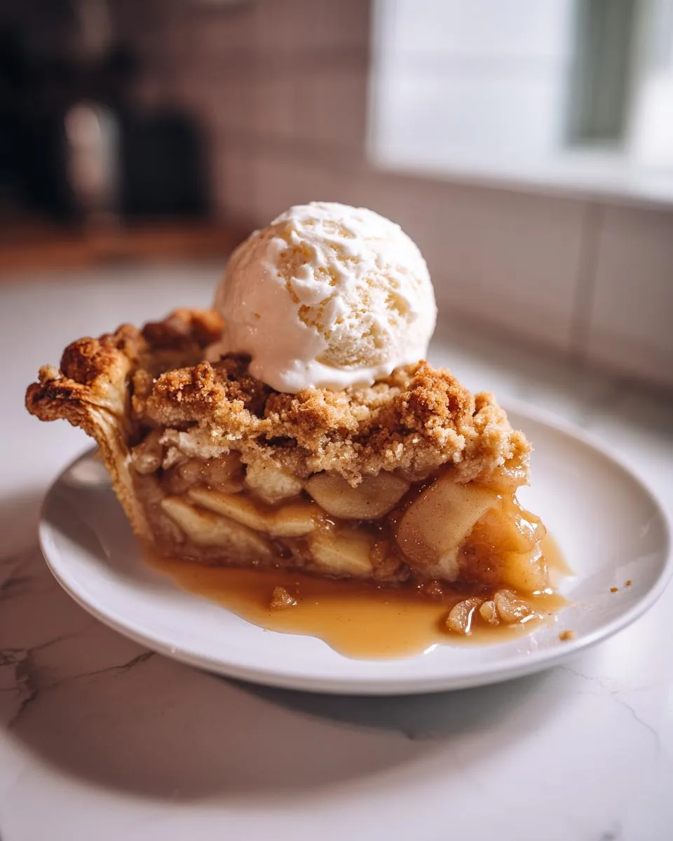 A delicious slice of apple pie with crumble topping, served with a scoop of vanilla ice cream and drizzled with caramel sauce.