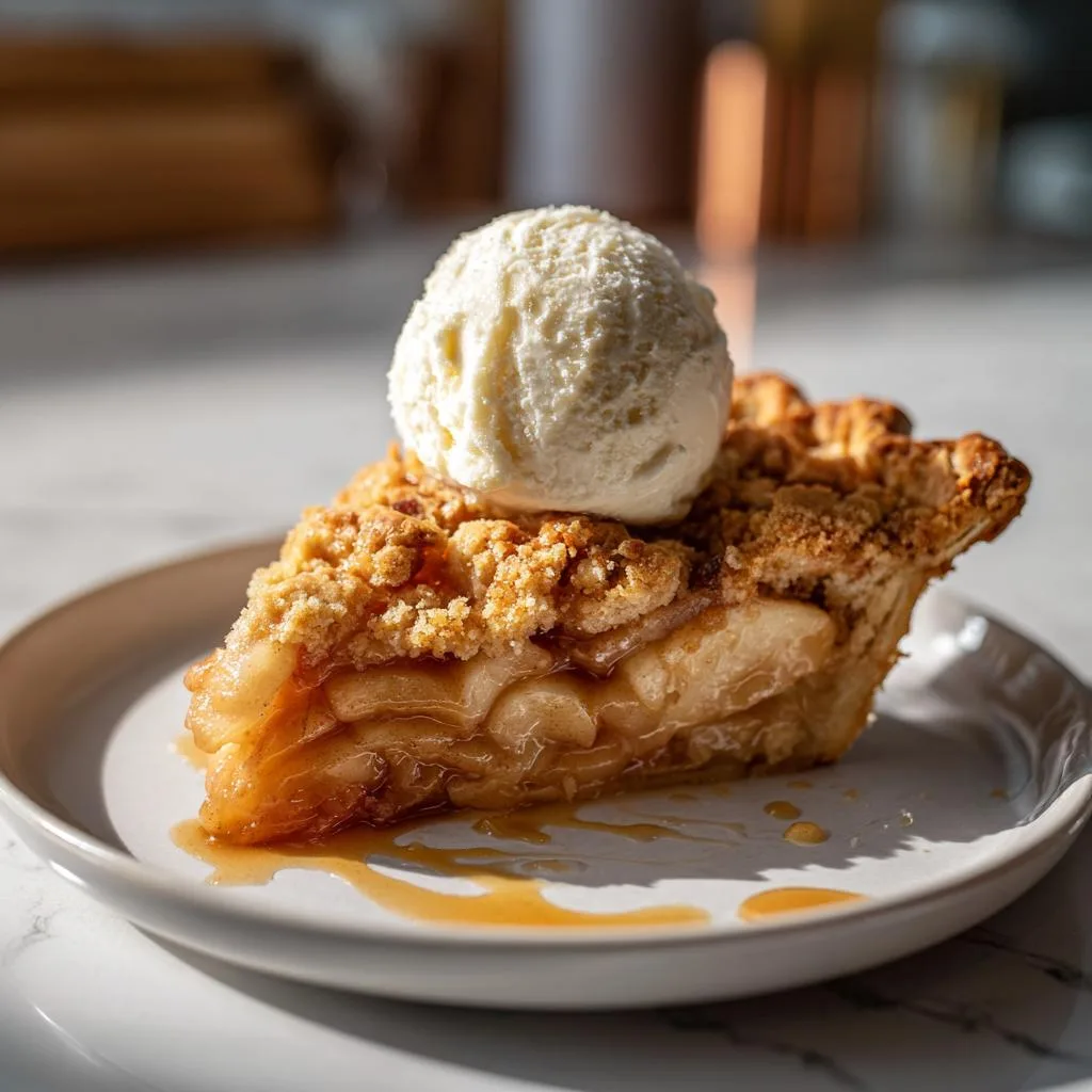 A slice of warm apple pie with crumble topping, served with a scoop of vanilla ice cream and drizzled with caramel.