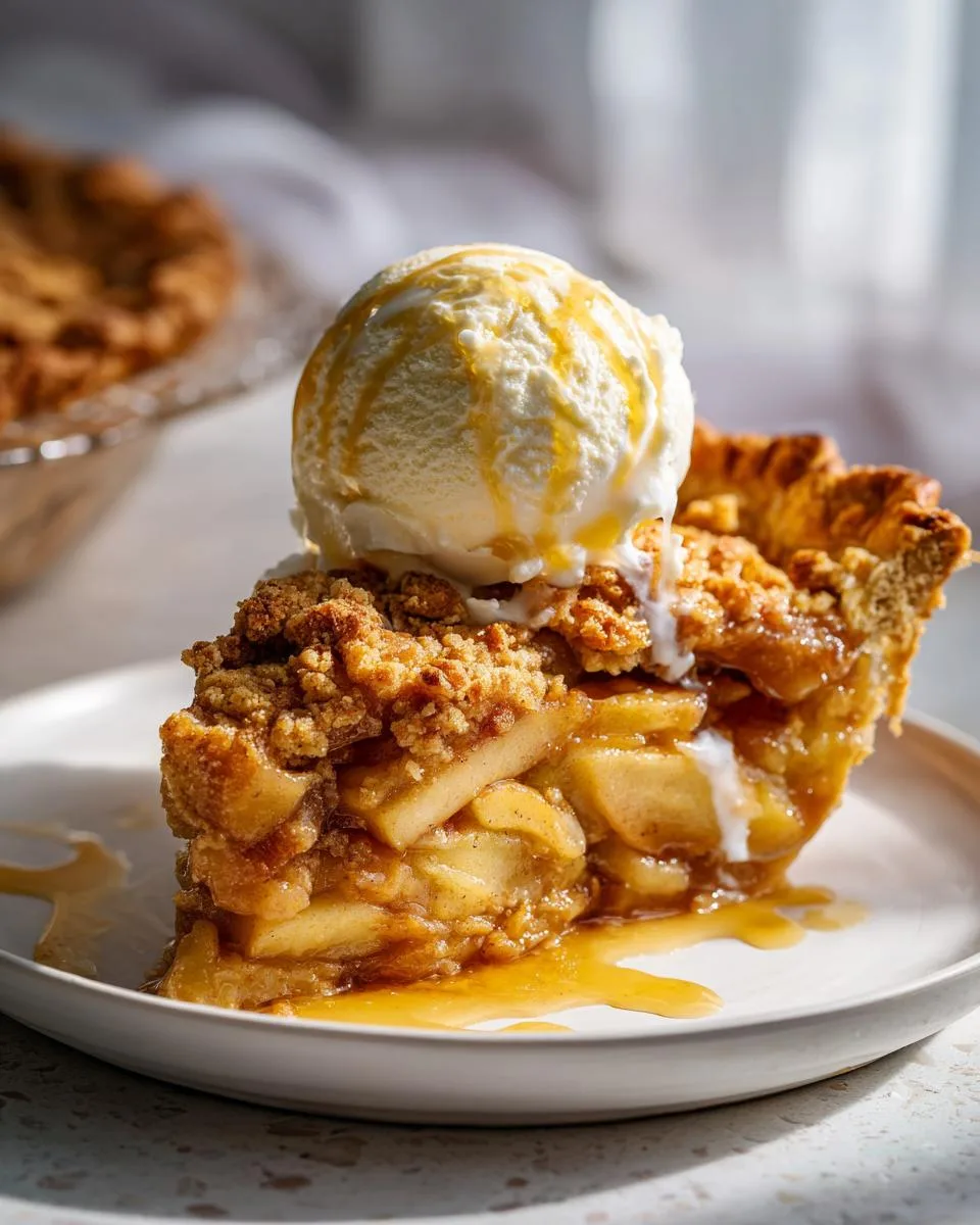 A generous slice of apple pie with crumble topping, served with a scoop of vanilla ice cream and drizzled with syrup.