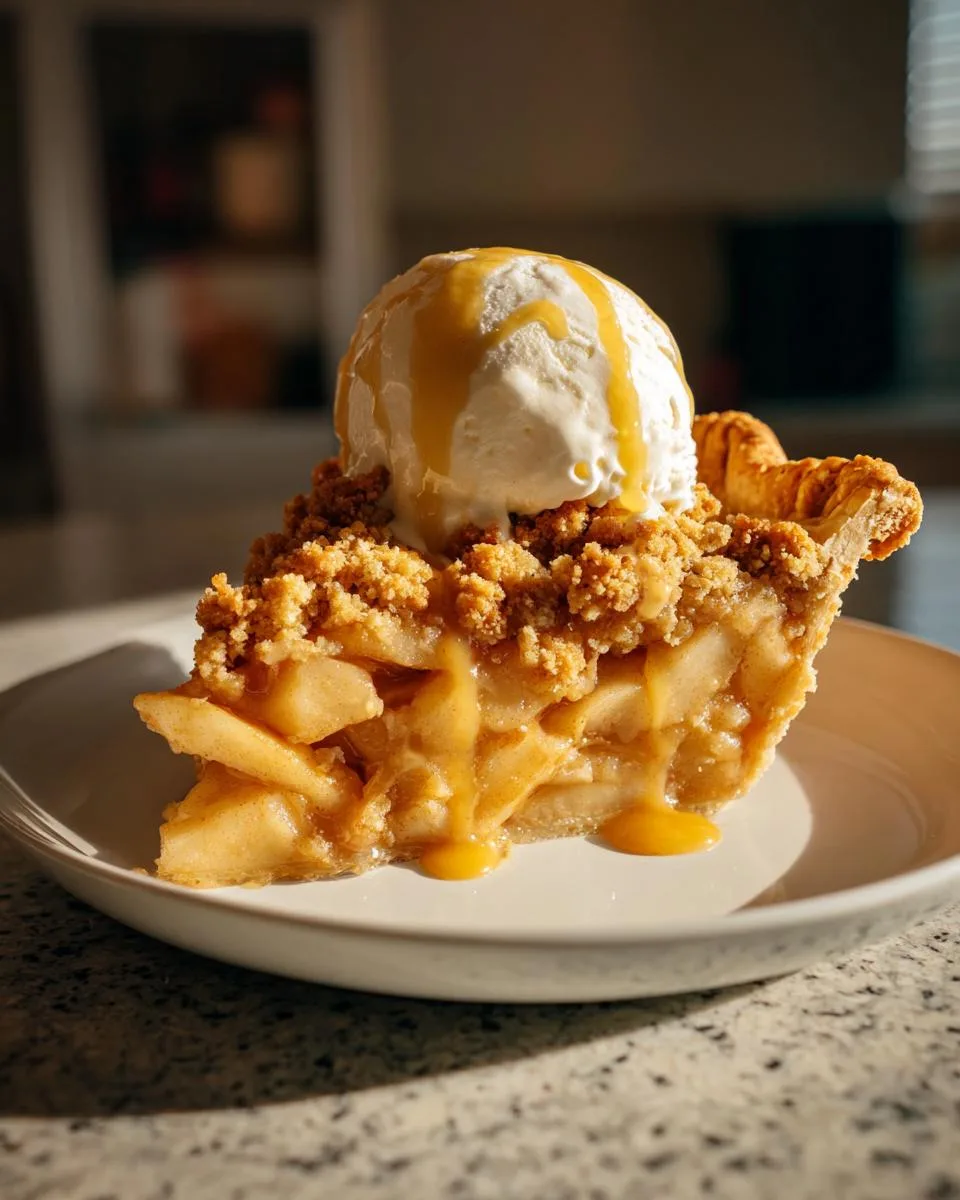A slice of warm apple pie with crumble topping, served with vanilla ice cream and caramel drizzle.