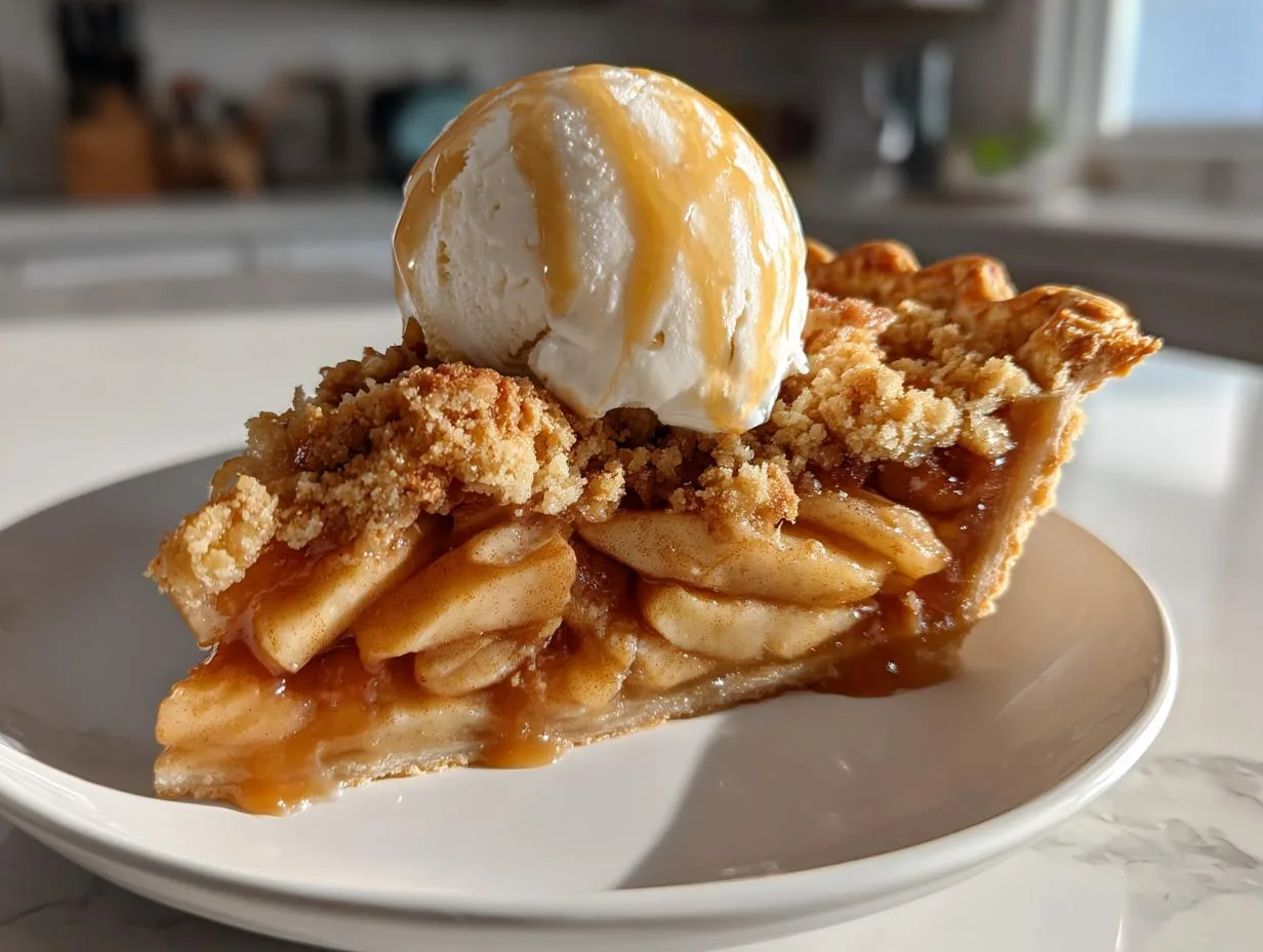 A slice of apple pie with crumble topping, served with a scoop of vanilla ice cream and caramel drizzle.