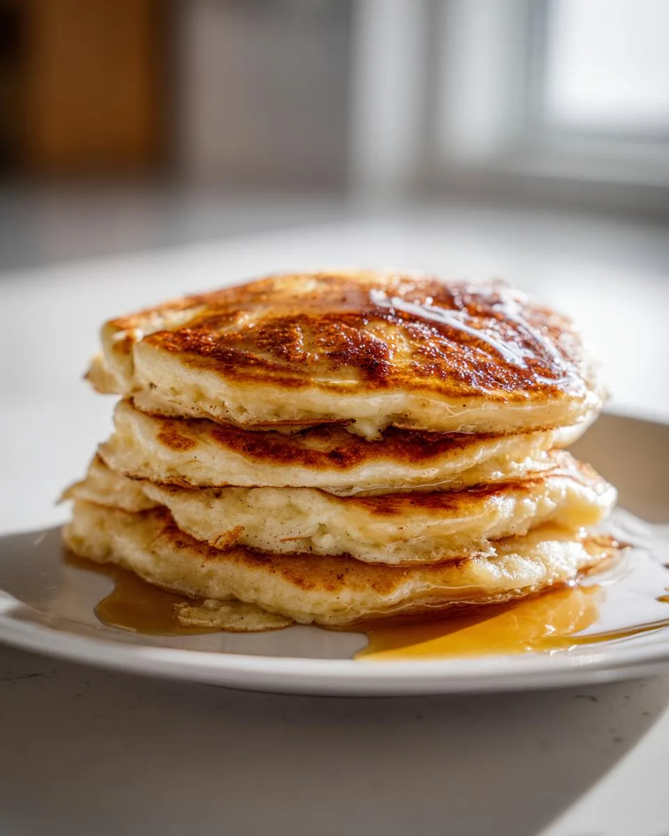 A tall stack of golden-brown apple spice pancakes drizzled with syrup on a white plate.