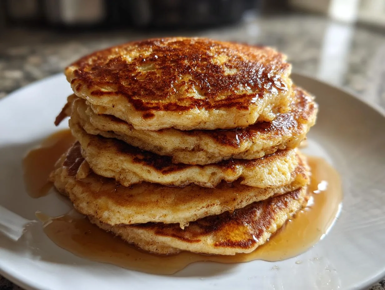 A stack of fluffy apple spice pancakes drizzled with syrup on a white plate.