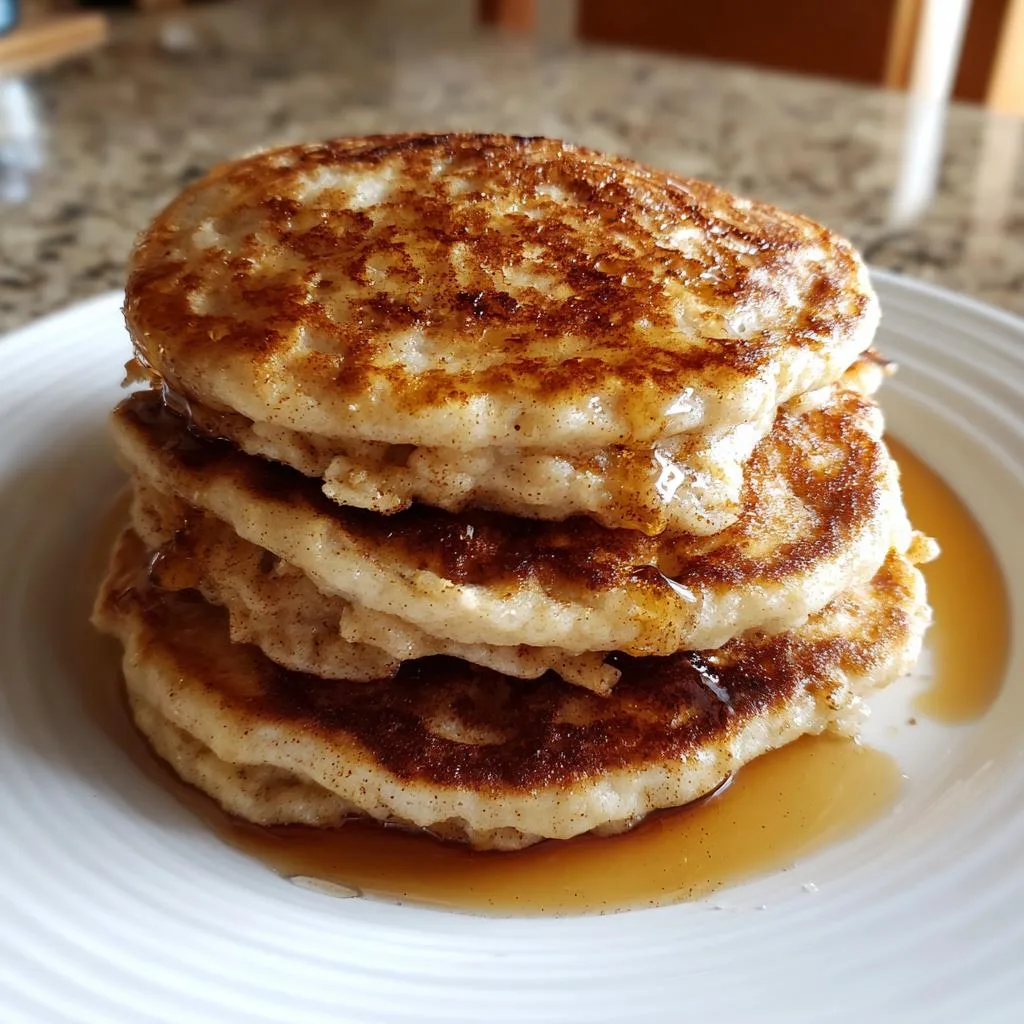 A stack of fluffy apple spice pancakes drizzled with syrup on a white plate.