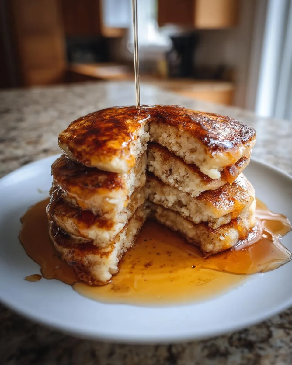 A tall stack of fluffy apple spice pancakes being drizzled with golden syrup on a white plate.