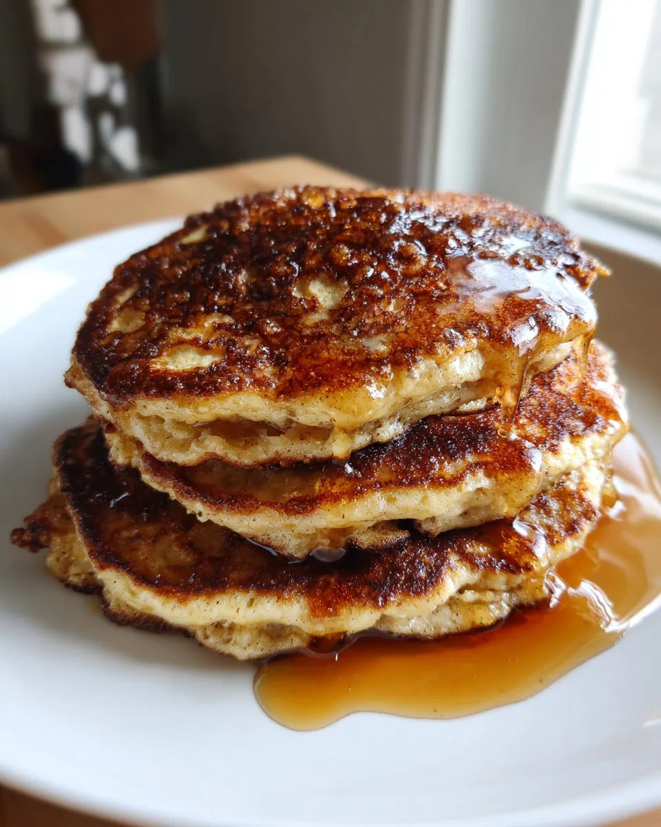 A close-up of a stack of fluffy apple spice pancakes drizzled with syrup on a white plate.