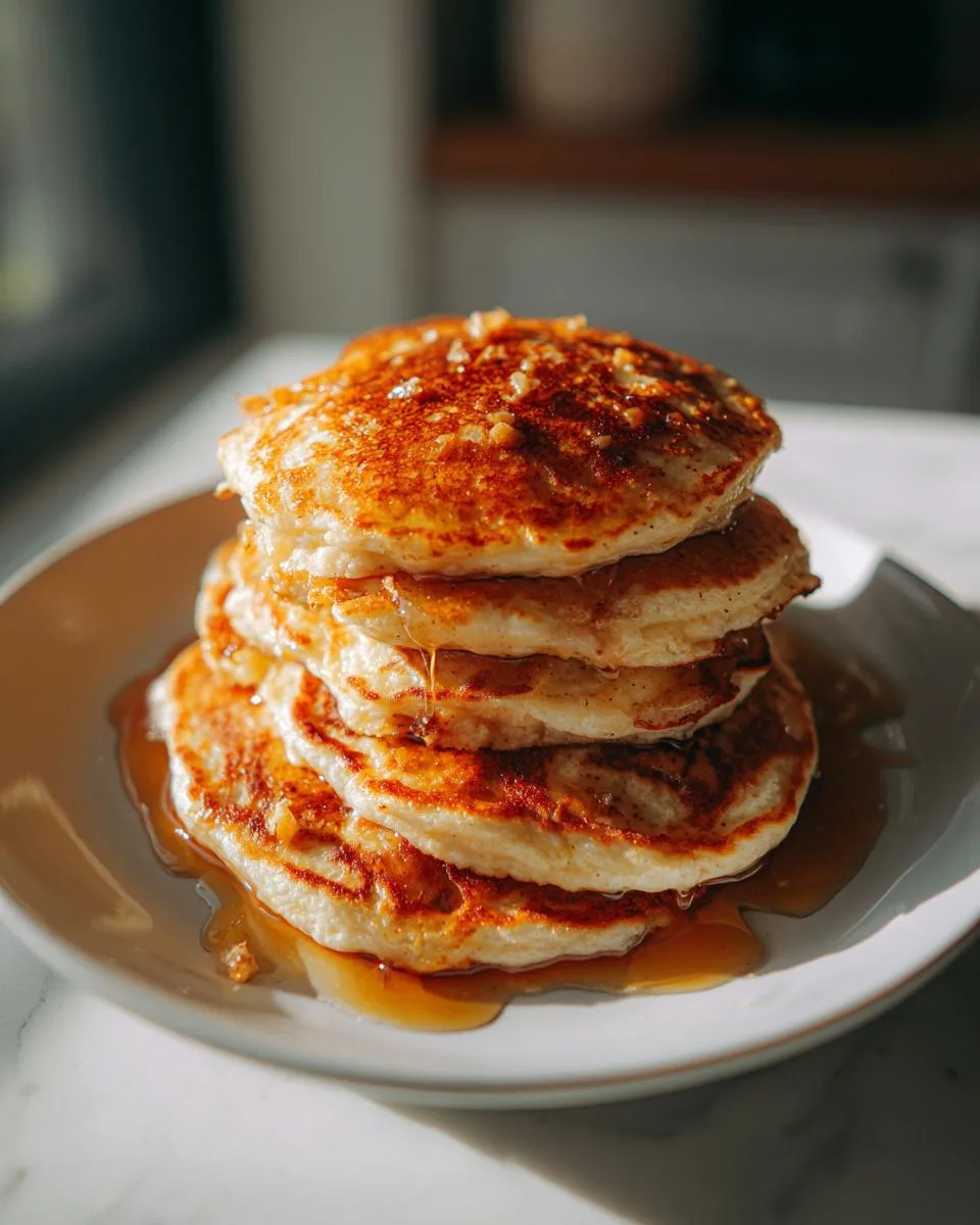 A tall stack of fluffy apple spice pancakes drizzled with golden syrup on a white plate.
