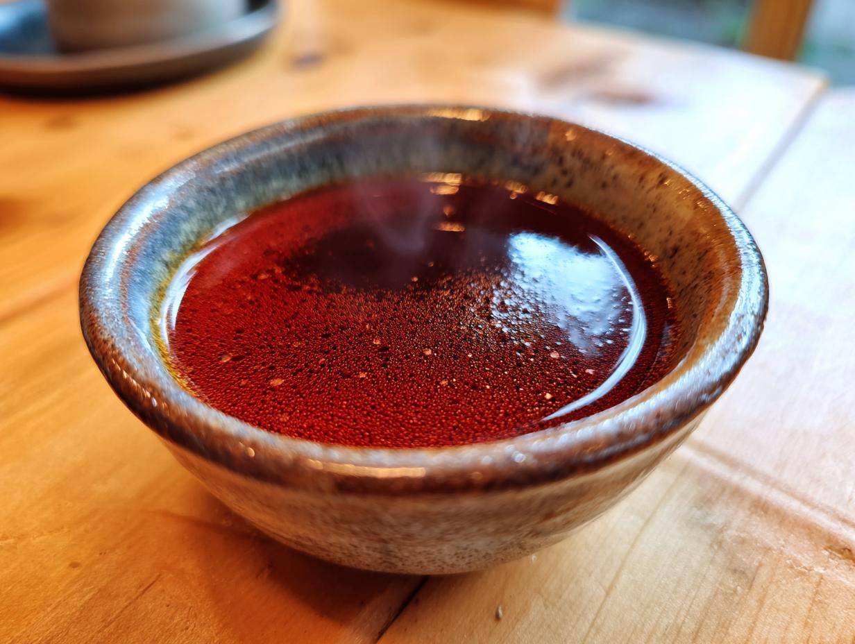 A close-up shot of a small, rustic bowl filled with steaming, rich au jus, perfect for a delicious au jus recipe.