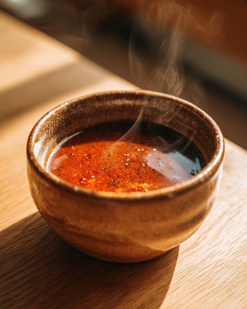 A close-up of a rustic brown bowl filled with steaming au jus, seasoned with pepper.