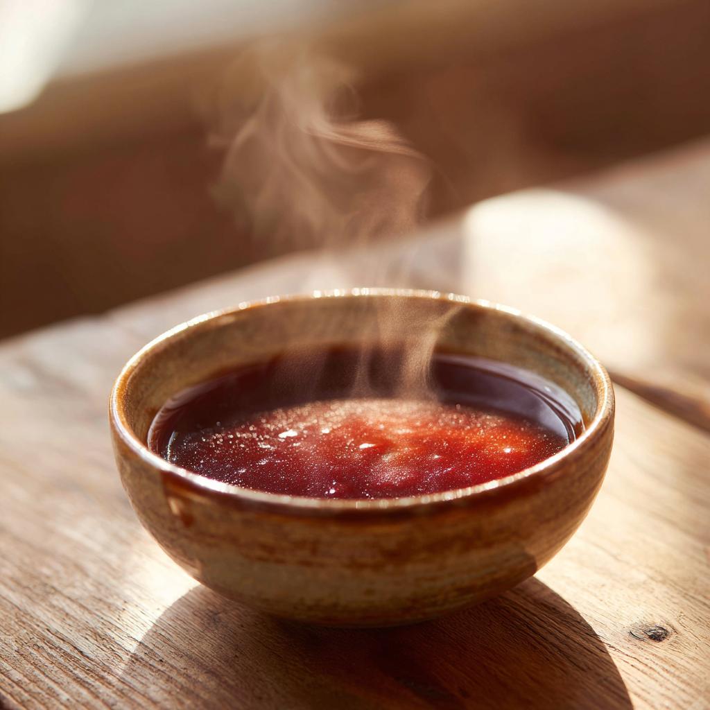 A steaming bowl of rich, dark au jus, perfect for dipping or as a sauce.