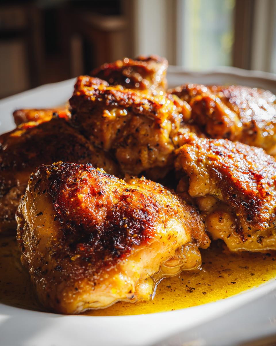 Close-up of perfectly baked chicken thighs with crispy skin, glistening in a savory sauce. A great chicken dinner idea.
