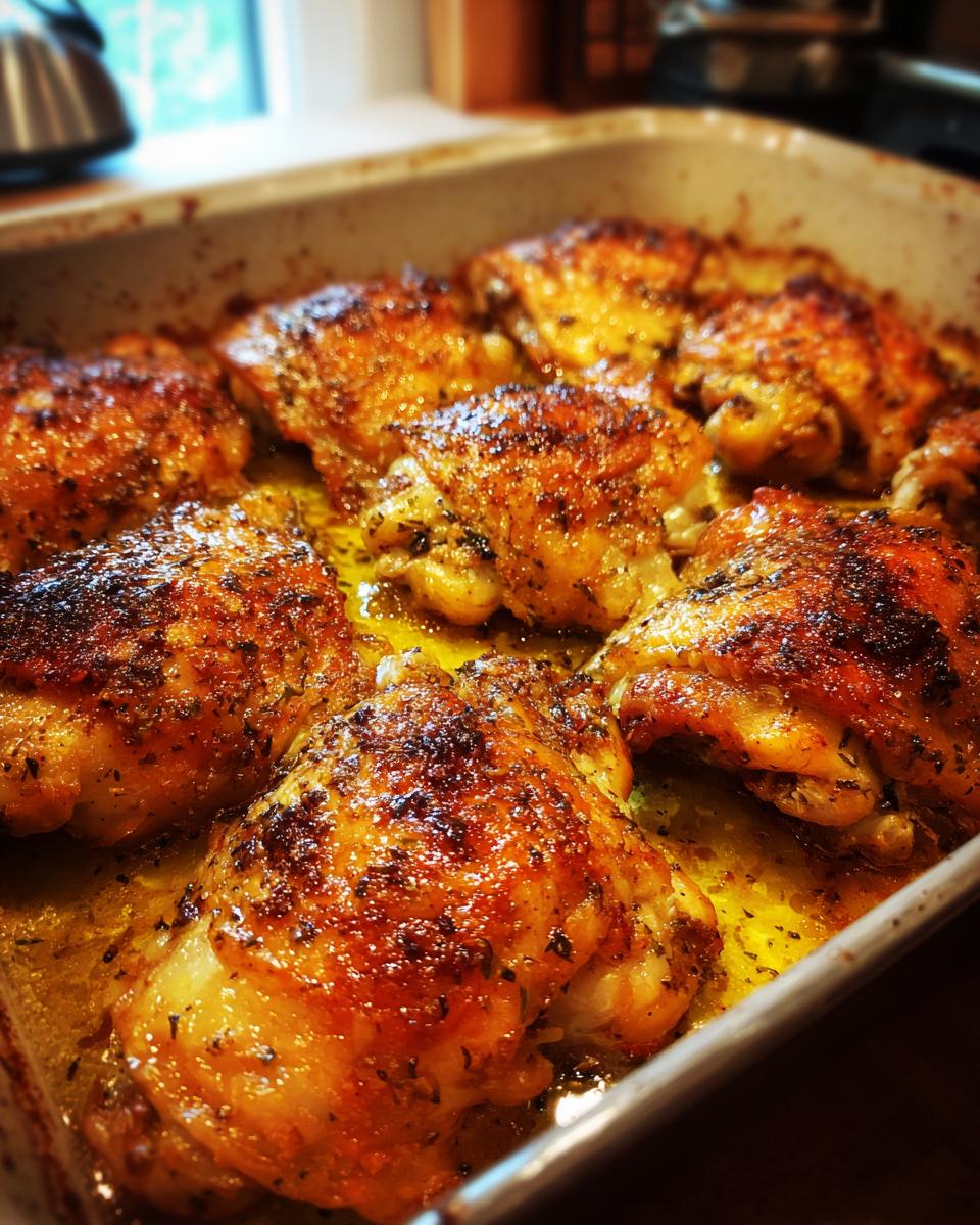 Close-up of perfectly baked, juicy chicken thighs with crispy skin in a baking dish.