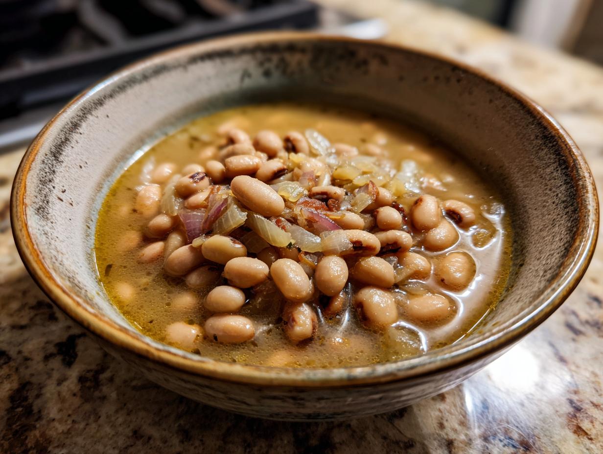 A close-up of a rustic bowl filled with a hearty black eyed peas recipe, featuring tender beans and savory broth.