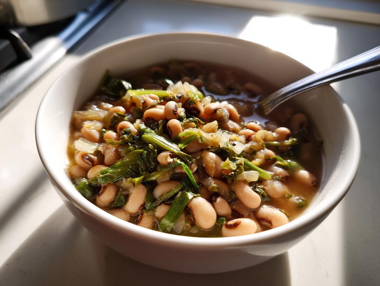 A close-up of a white bowl filled with a hearty blackeyed pea recipe, featuring tender blackeyed peas and greens.