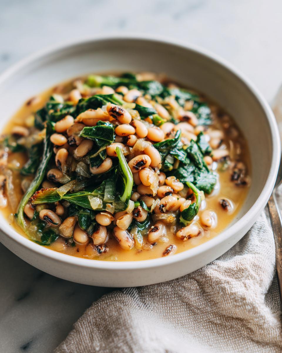 Close-up of a bowl filled with a hearty blackeyed pea recipe featuring tender black-eyed peas and wilted greens in a savory broth.